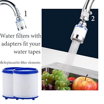 Pack of 2 Transparent Tap Filter 360 ° Tap Filter + 6 Polypropylene Cotton Filter Element Water Filter Tap with Interchangeable Filter Element for Kitchen Sink Home Bathroom