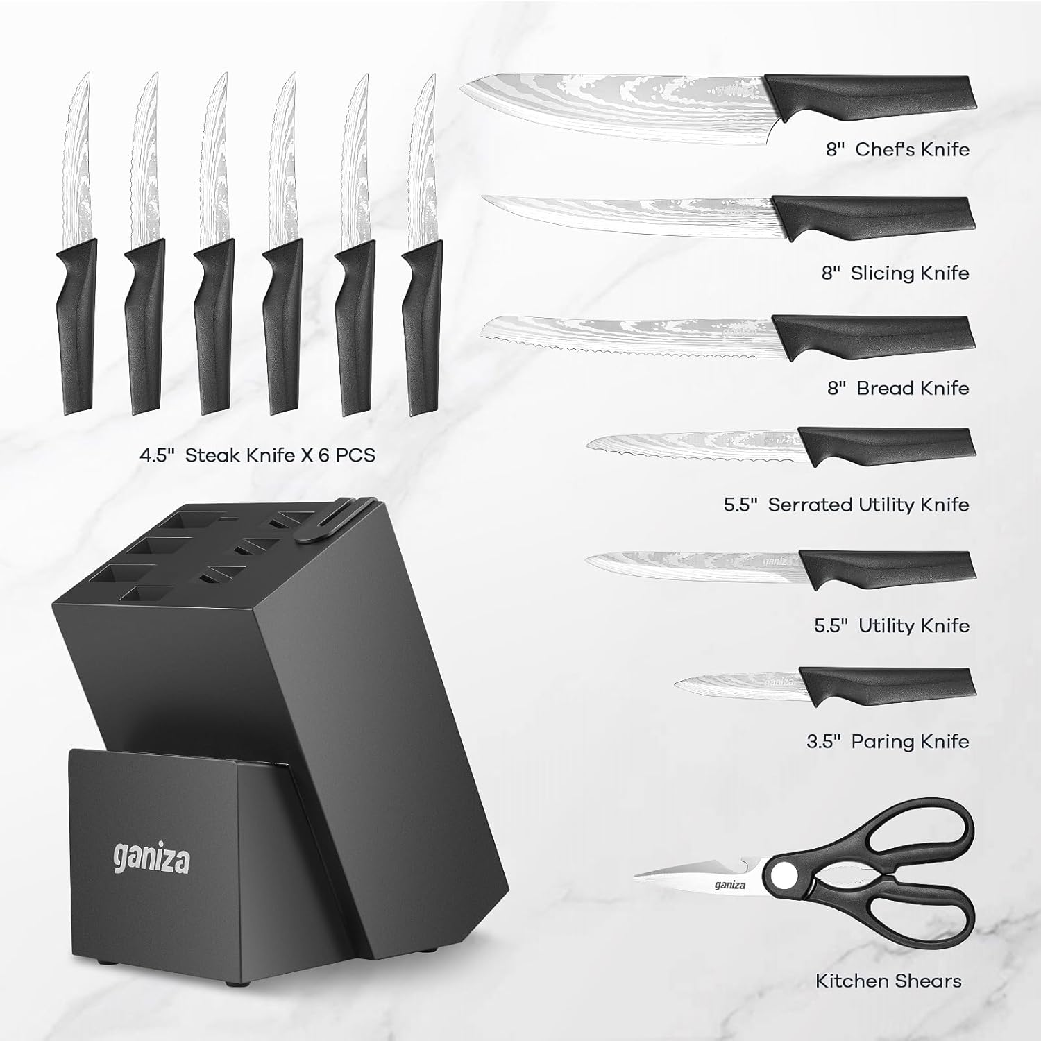 Knife Set, Ganiza 15pcs Knife Set for the Kitchen with Block, Built-in Sharpener, High Carbon Stainless Steel Kitchen knife set with Laser Pattern, Sharp & Rust Resistant