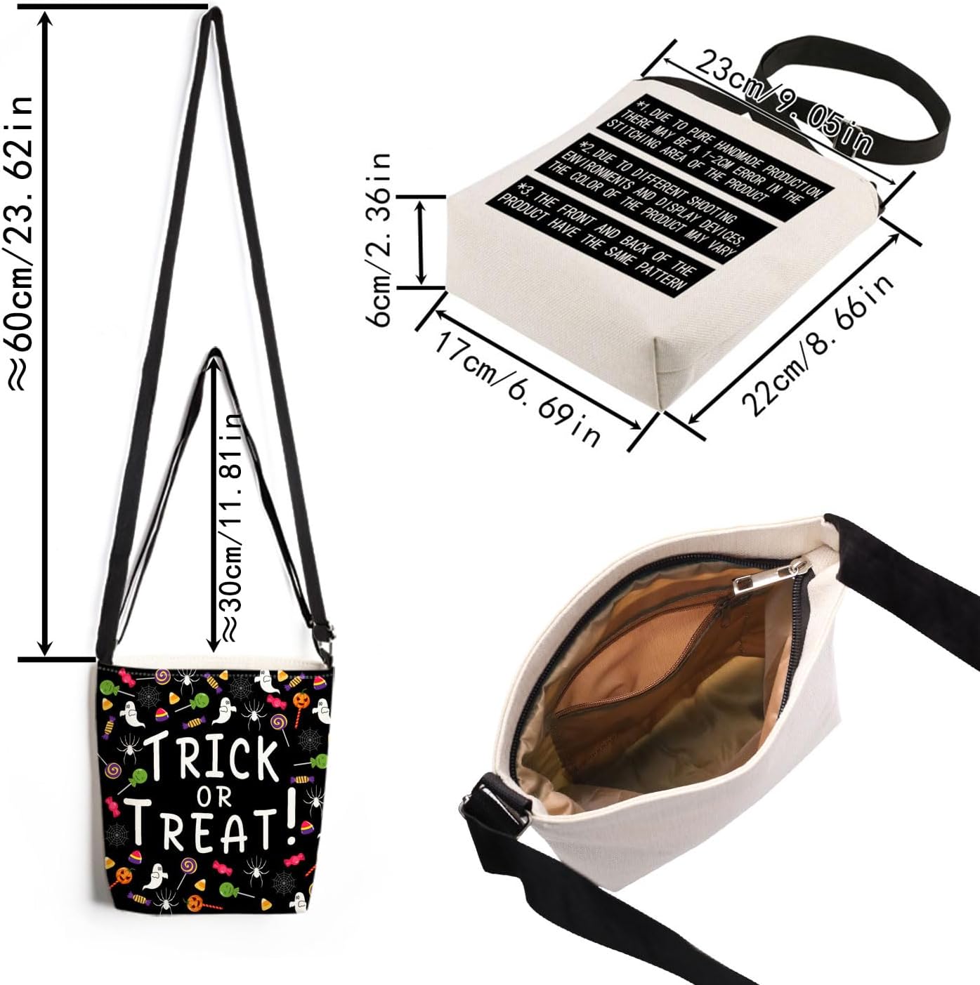 Trick or Treat Print Canvas Crossbody Bag, Adjustable Strap Lightweight Purse with Top Zipper & Inner Pocket, Daily Shoulder Bag Halloween Present for Women - Image 4