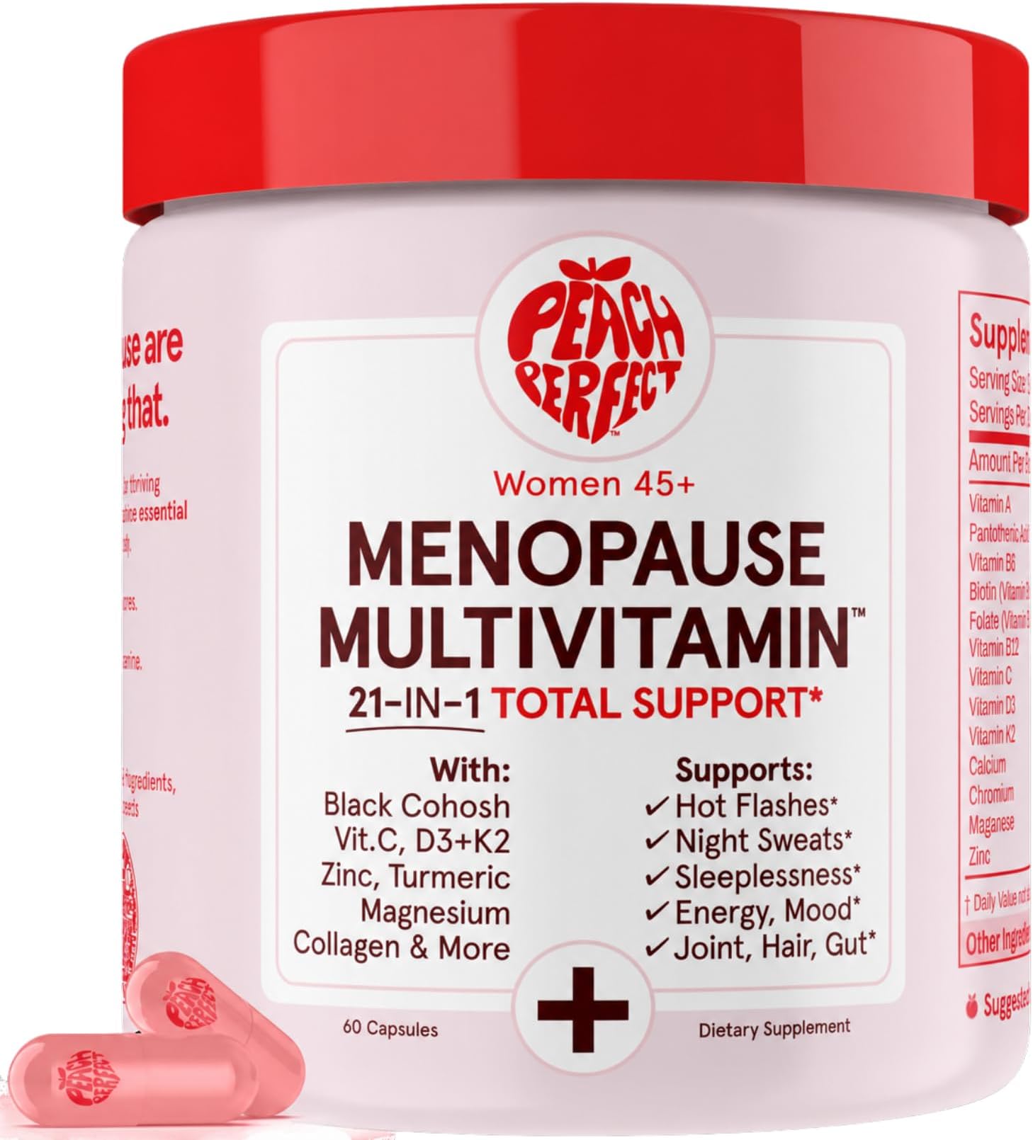Peach Perfect Menopause Multivitamin | 21 Vitamins for Women 45+ | Black Cohosh, Ashwagandha, Vitamin D3+K2, Probiotics & Collagen | Support for Hot Flashes, Mood Swings, Joint & Skin Health | 30 SVG