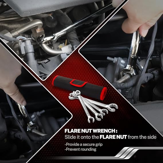 BILITOOLS 12-Piece Flare Nut Wrench Set, 1/4-7/8 & 6-21mm Line Wrench Set | 12-Piece Metric & SAE 12pt Open End Wrench Set for Brake Line, Fuel Line, Tubing ect. Cr-V Steel with Storage Pouch