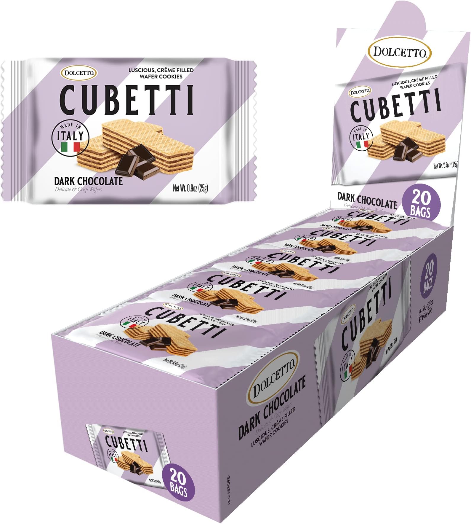 dolcettoCubetti Wafer Cookies, Creamy Dark Chocolate Flavor Sweets, Crispy Gourmet Treats made in Italy, NO Preservatives, Grab-and-Go Single-serve size 0.9oz, Great snacks for sharing and gift