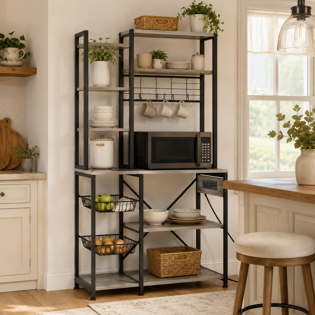 GarveeHome Bakers Rack with Power Outlets, 7-Tier Microwave Stand with 2 Wire Basket, 35.4 in Industrial Coffee Bar Station, Kitchen Large Bakers Rack with Storage for Pots, Dishes, Retro Gray
