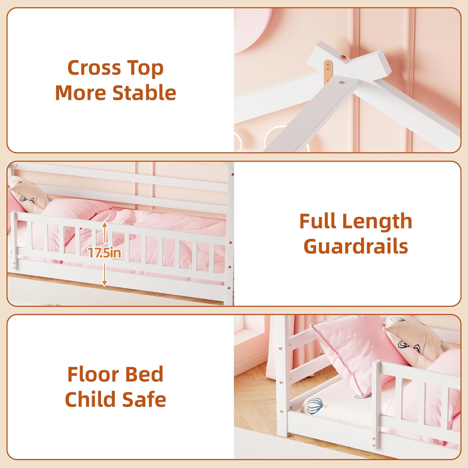 Twin House Bed, Montessori Floor Bed for Kids, Wooden Montessori Beds, Wooden Floor Bed Frame with Fence, Low Floor Beds for Toddlers, Kids, Boys, Girls, No Box Spring Needed (White)