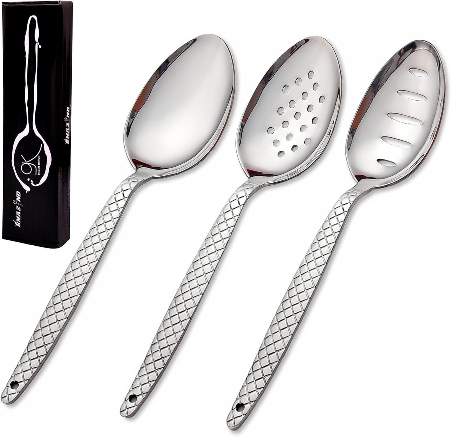 3-Pack Chef Kunz Spoon | 9 Inch S.S 18/10 Silverware Set of Serving, Slotted and Perforated Spoons Perfect for Basting, Plating, Quenelle, Sauces with Non-Slip Grip