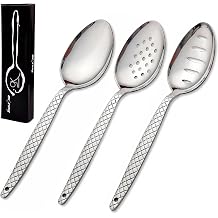 3-Pack Chef Kunz Spoon | 9 Inch S.S 18/10 Silverware Set of Serving, Slotted and Perforated Spoons Perfect for Basting, Plating, Quenelle, Sauces with Non-Slip Grip