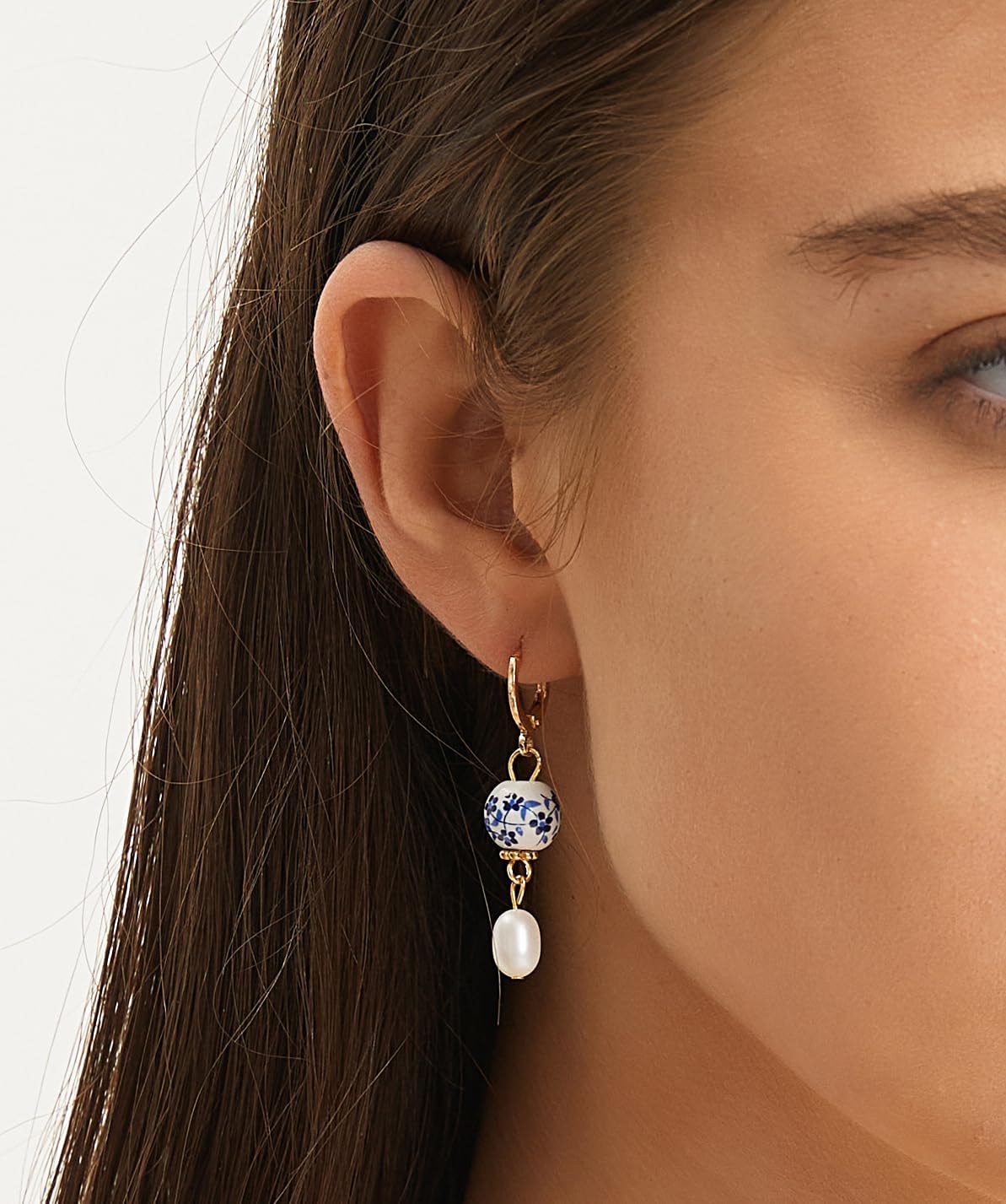 Blue Porcelain Genuine Freshwater Pearl Gold Huggie Earrings Blue White Floral Porcelain Pearl Earrings Small Hoop Earrings - Image 2