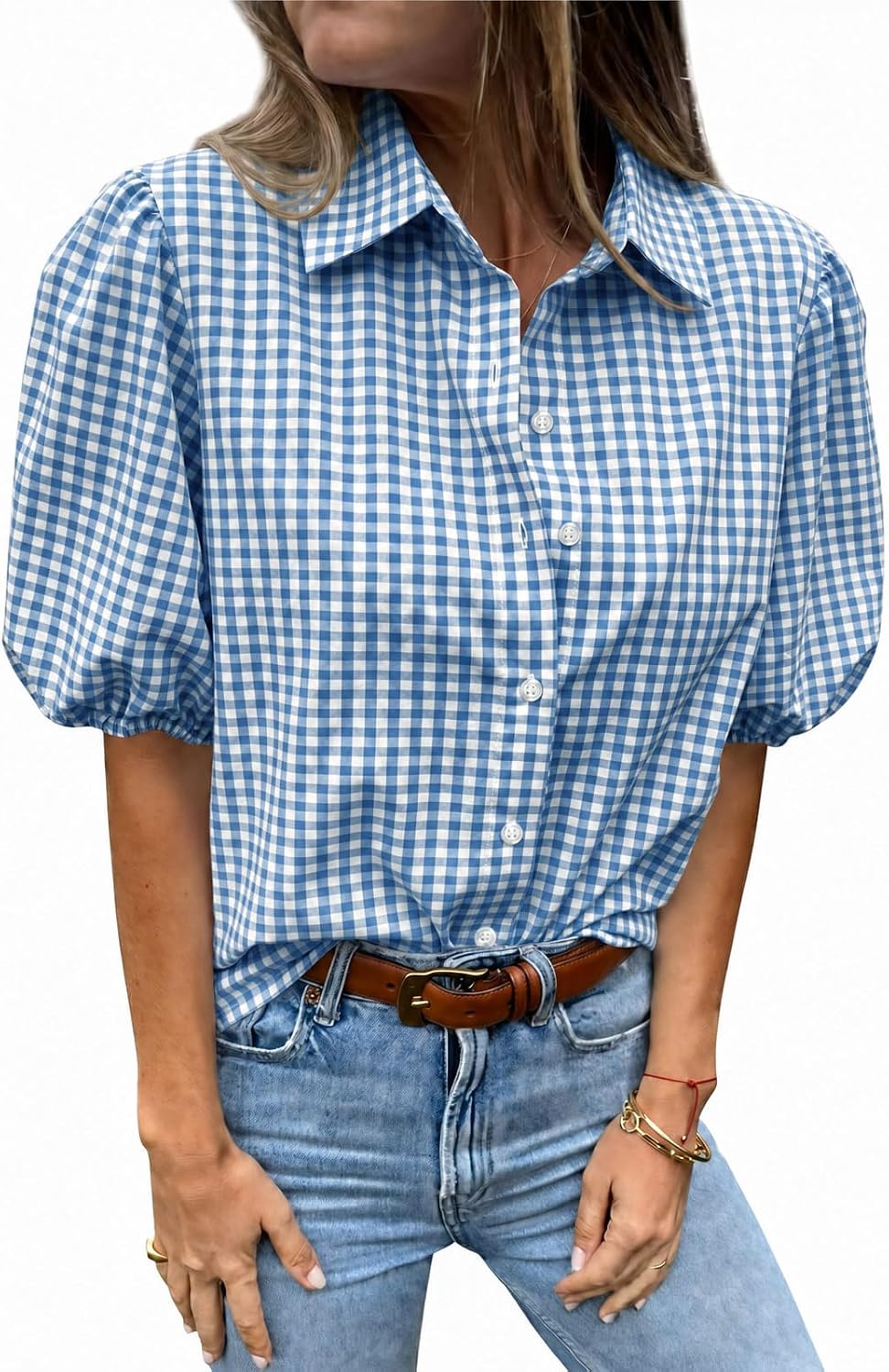 Tankaneo Women's Button Down Shirts Short Puff Sleeve Collared Dressy Casual Blouse Tops