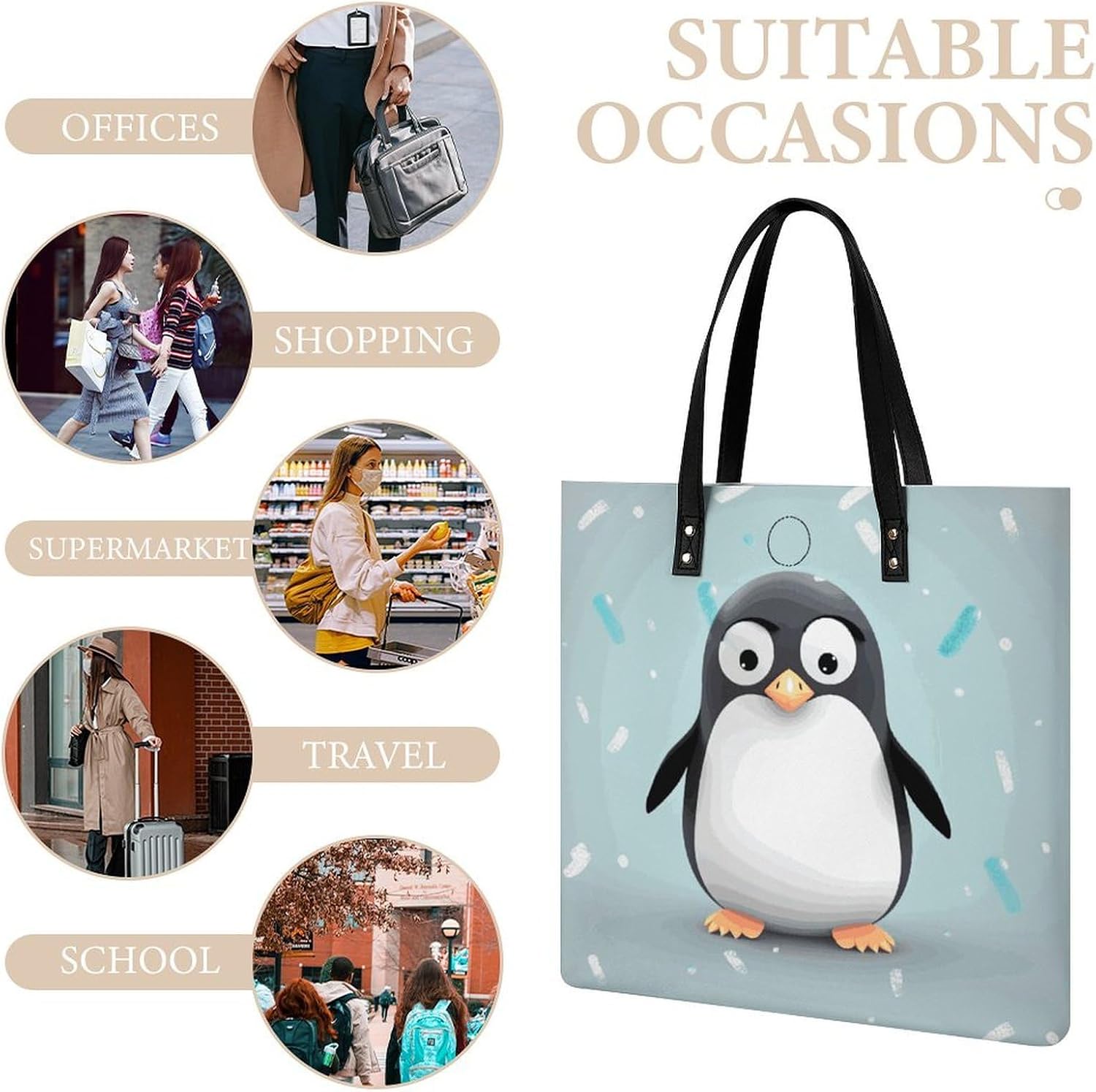 Cute Penguin Tote Bag with Magnetic Buckle Reusable Grocery Bags Lightweight Cross Body Handbag for Daily Essentials
