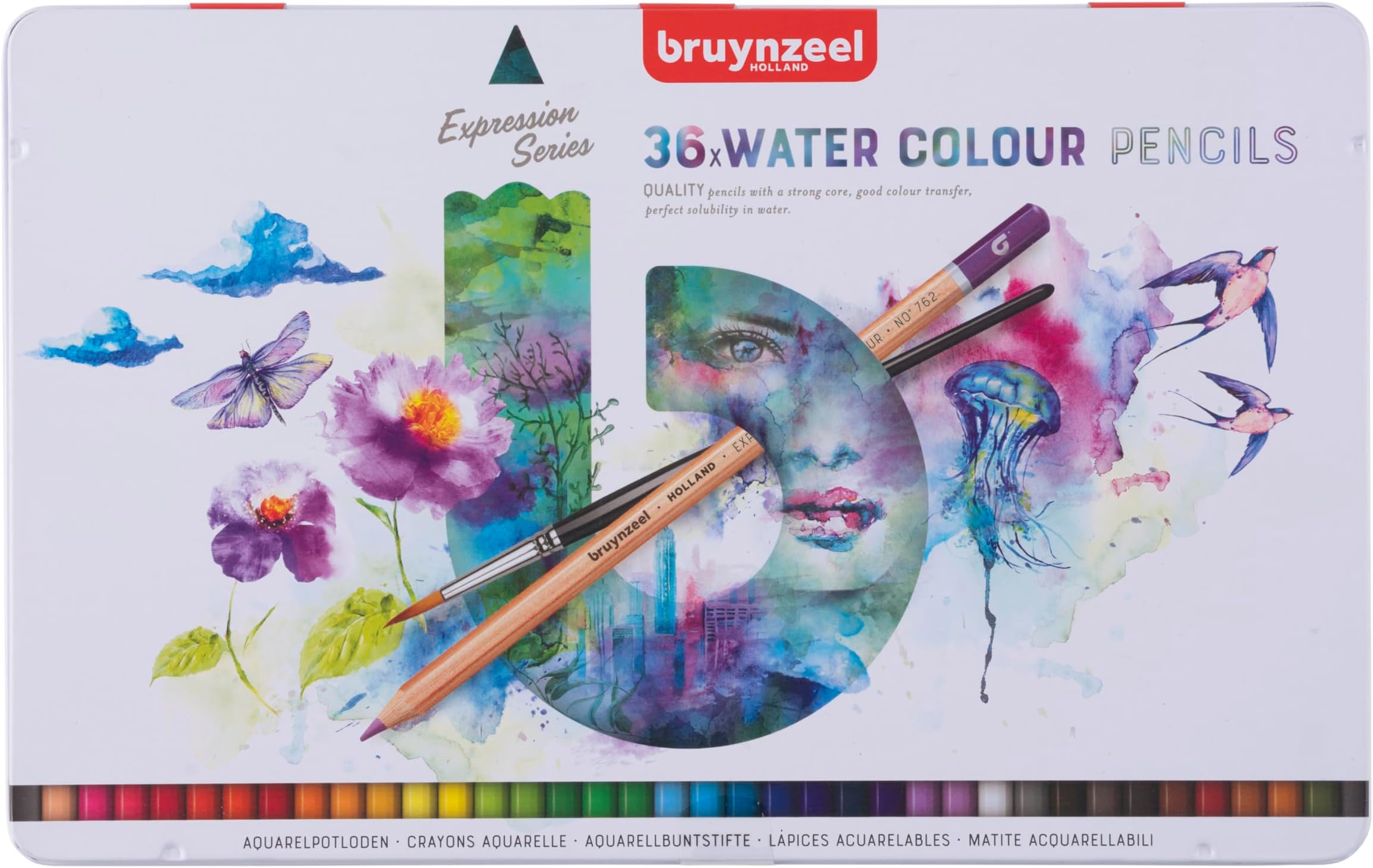 Expression Watercolor Pencils Set of 36 Brush in Tin | Water-Soluble Pencils | Coloring for Adults, Bullet Journaling