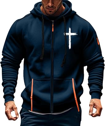 HJINGSUN Christian Hoodies for Men Jesus Faith Cross Print Tactical Cargo Sweatshirts Zip Up Long Sleeve Outdoor Sport Jacket