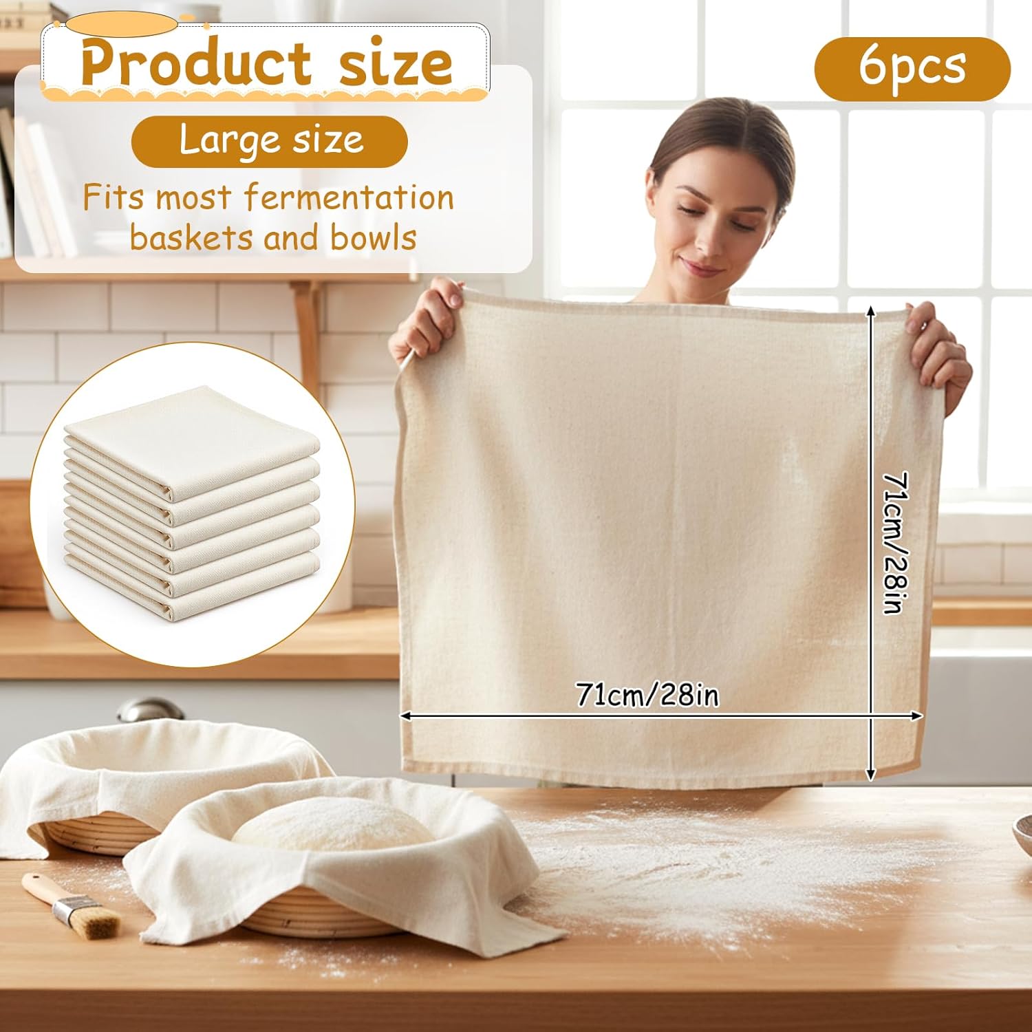 SHENLIU 6 Pcs Thick Tea Towels for Baking Sourdough, 28x28" 100% Cotton Wrinkle-resistant Bread Basket Flour Sack Towels Unbleached Bread Towel for Proofing Cover Dough Raising Breads Making - Image 2