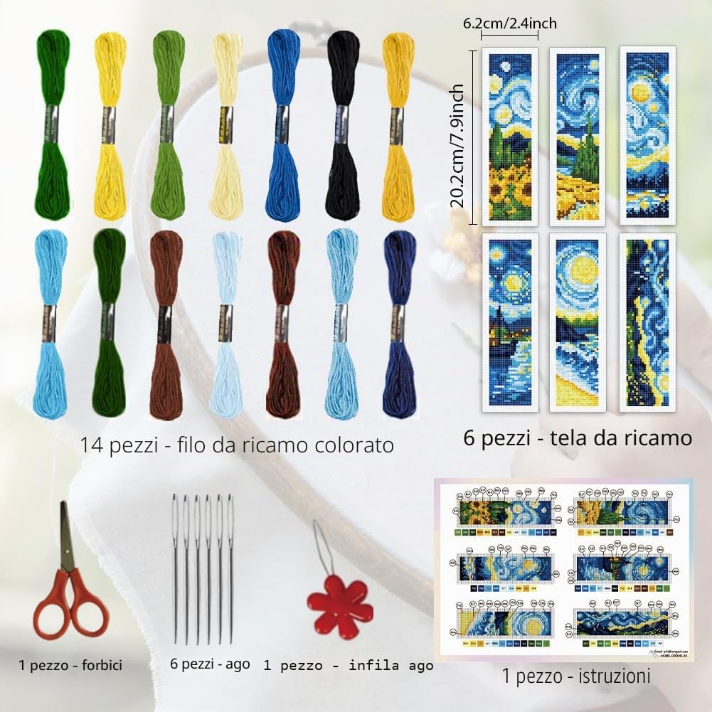 ORIGACHKit di 6 segnalibri a punto croce per principianti e adulti, fai da te per amanti dei libri con cielo notturno vorticoso, con istruzioni per principianti