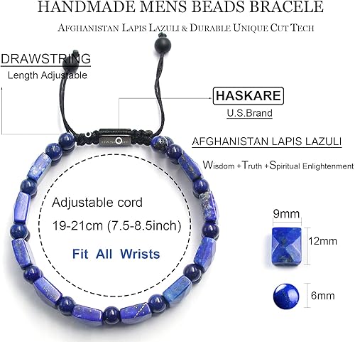 Miniatura 5 de HASKARE Mens Jewelry Beads Crystal Bracelet for Men, Energy Bead Bracelets Healing Stone Lapis Lazuli Bracelet, Real Blue Gemstone Protection