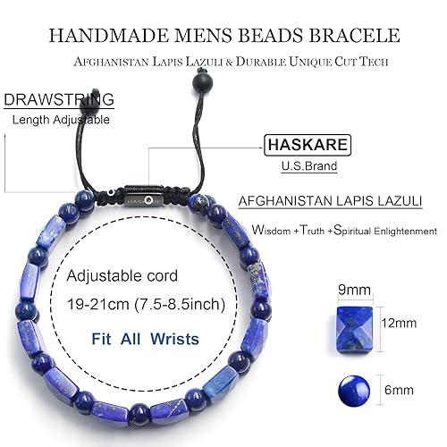 Miniatura 4 de Mens Bracelet Beads Crystal Bracelet for Men, HASKARE Energy Bead Bracelet Healing Stone Lapis Lazuli Bracelet, Real Blue Gemstone Protection