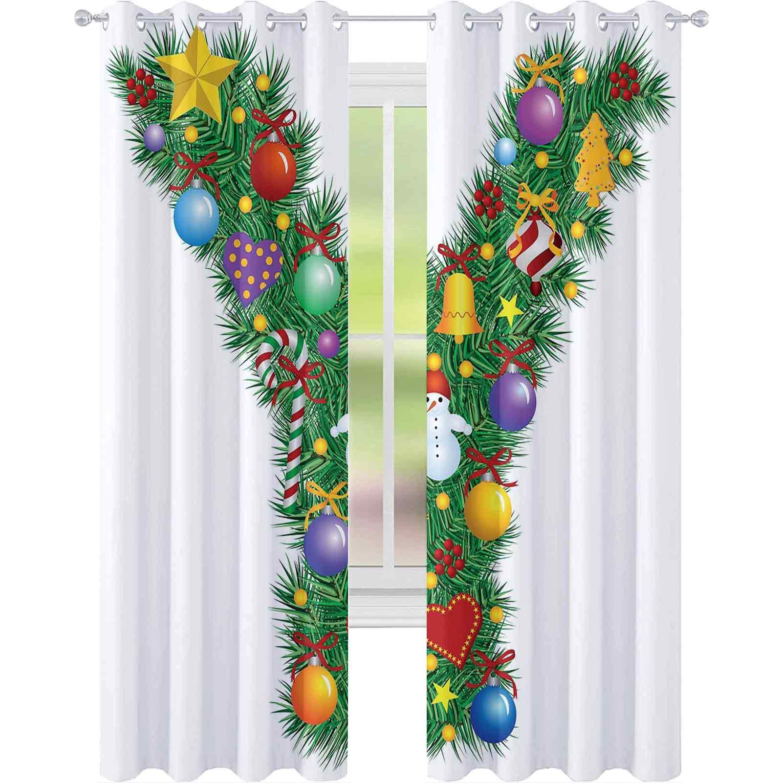 Room darkened insulation grommet curtain, Christmas Celebration Items Happy Hearts Colorful Balls Snowman Uppercase Y Print, W96 x L96 Inch Window Curtain for Living Room, Multicolor