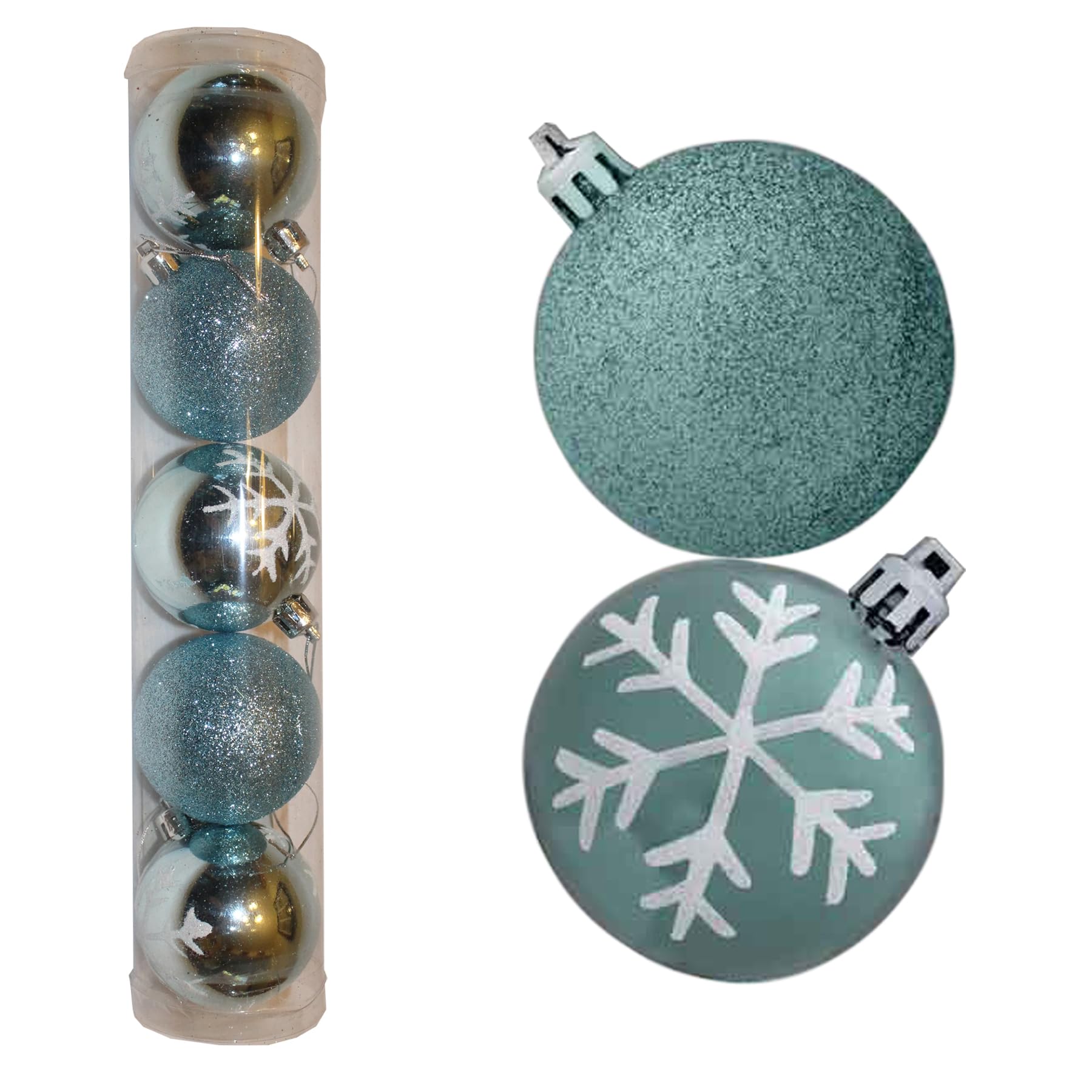 Christmas Baubles 5 Pack 60mm Shatterproof Baubles Snowflake and Glitter Design Baubles (Ice Blue 4326)