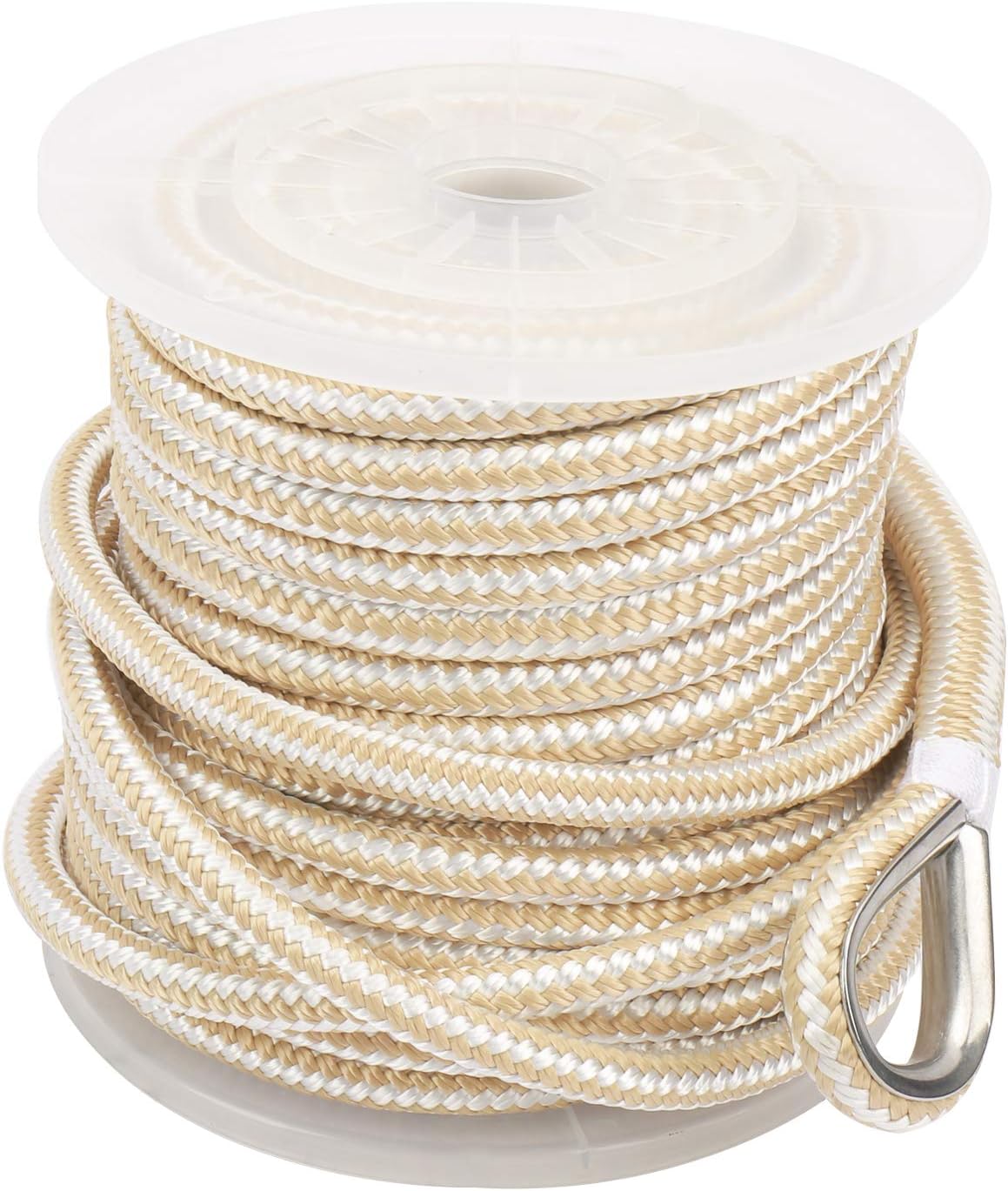 NovelBee 1/2 Inch X 100 Feet Double Braid Nylon Anchor Line with Stainless Steel Thimble and Plastic Chuck (White/Gold) - Image 2