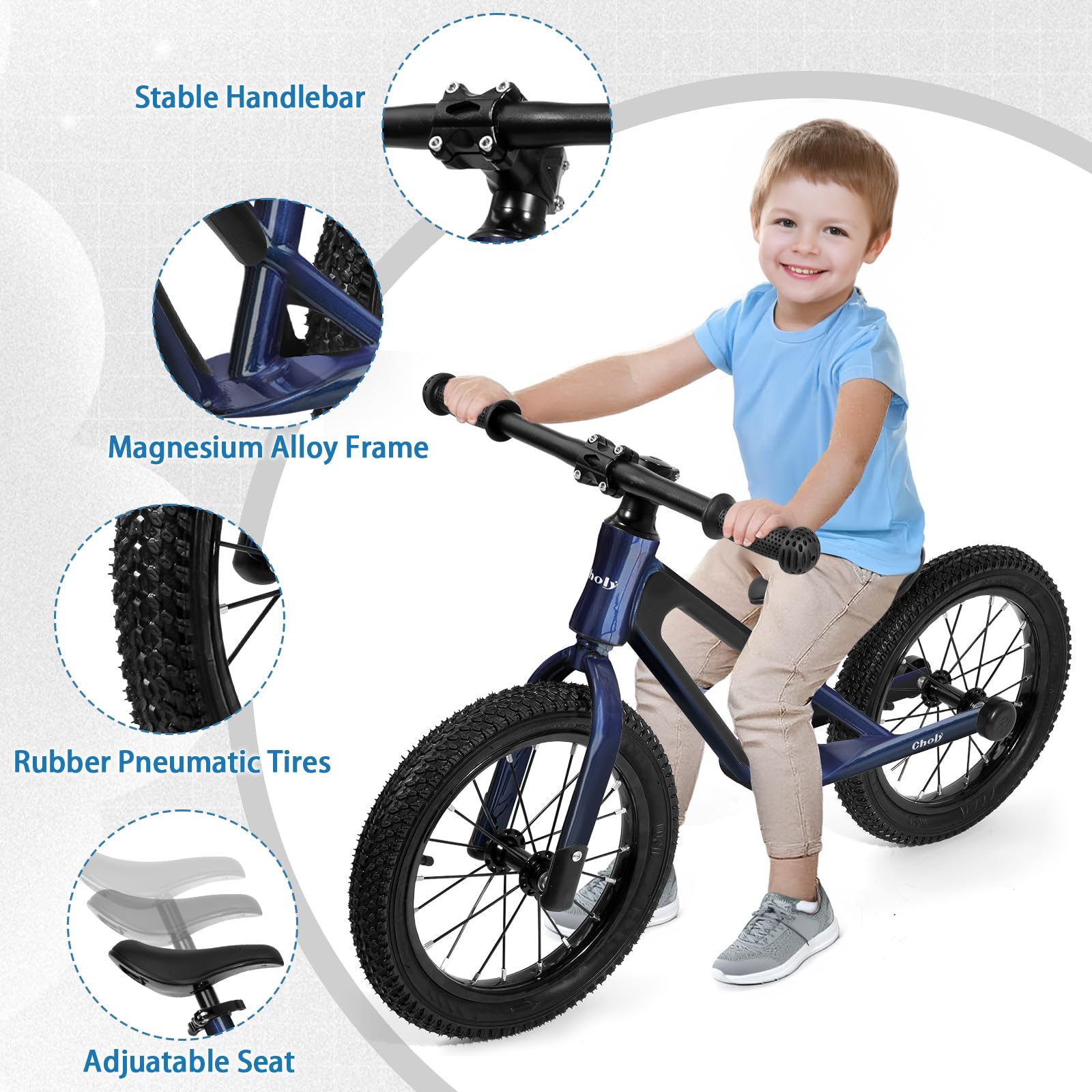 CHOLY Bicicletta da 14 pollici per bambini dai 3 ai 6 anni, senza pedali per bambini con sedile regolabile, pneumatici e telaio in lega di magnesio, bicicletta da allenamento leggera per bambini