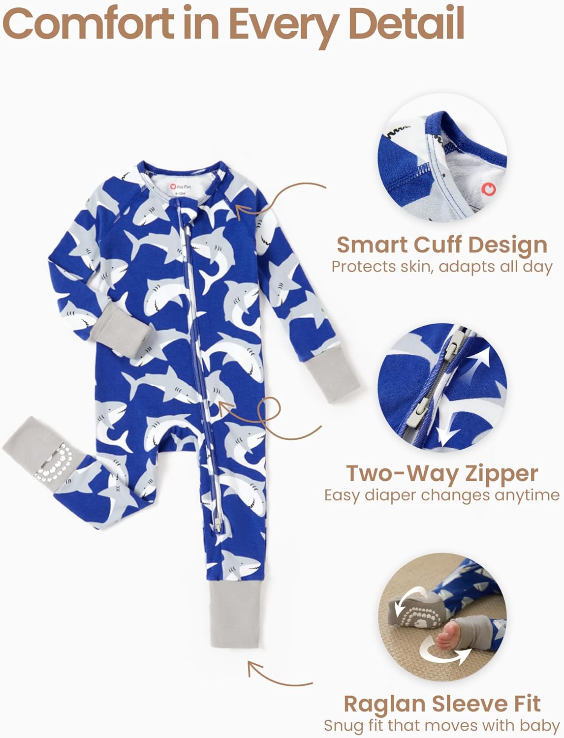 PATPAT Organic Cotton Baby Footie Pajamas with Two-Way Zipper & Fold-Over Mittens, Soft Stretchy Romper for Newborn Boy Girl - Image 4