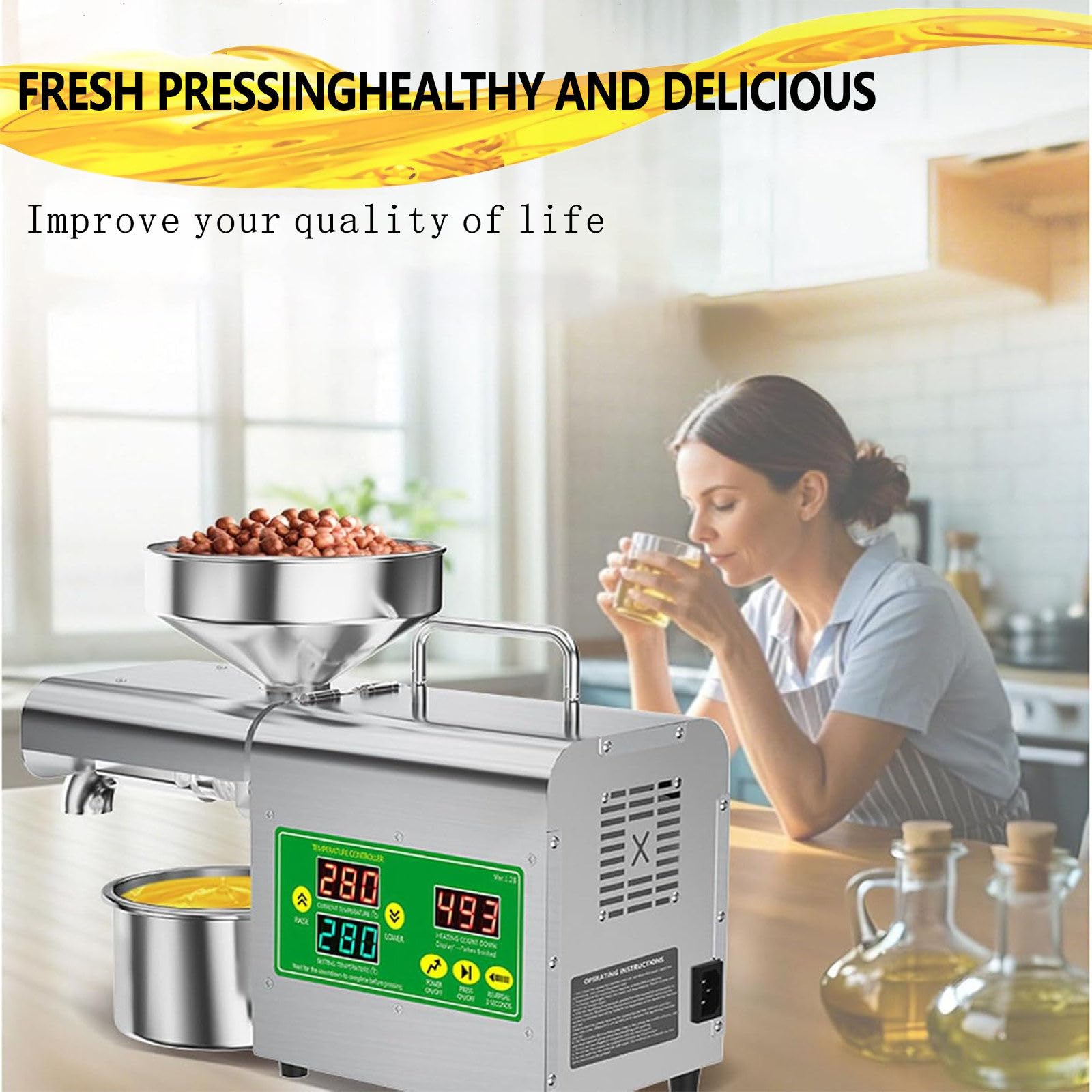 Expulsor automático de prensa de aceite, máquina de prensa fría/caliente de 1500 W con varilla de prensado extendida, para aceites de maní, sésamo, girasol, nogal, 110 V/220 V