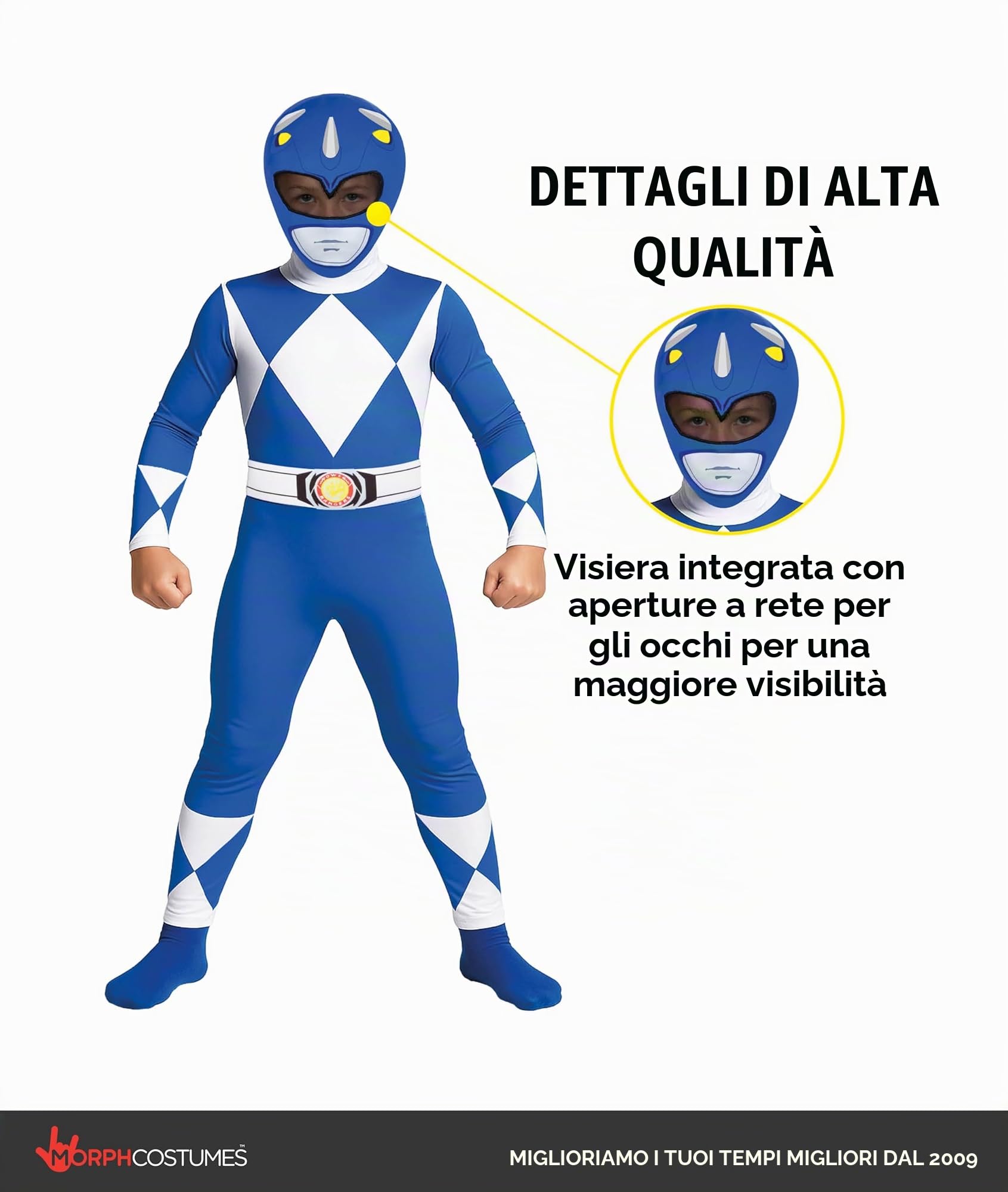 Morphsuits Costume Power Rangers Blu Bambini, Costume Halloween Bambini | Tuta Integrale con Cappuccio, Design Ranger Blu, Chiusura con Zip, Perfetto per Halloween, Ideale per il Cosplay