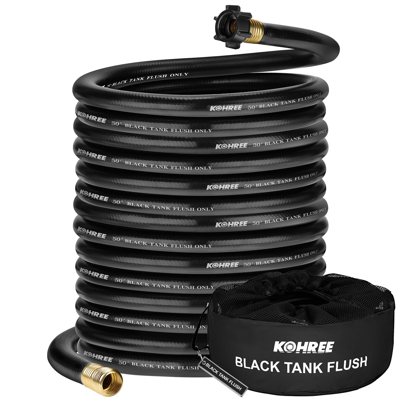 Kohree 50Ft RV Black Water Hose, Camper Sewer Hose for RV Camper | 5/8" Diameter, No Kink Design, Clean-Out Grey Water Tank, Black Tank Flush Kit with Storage Bag