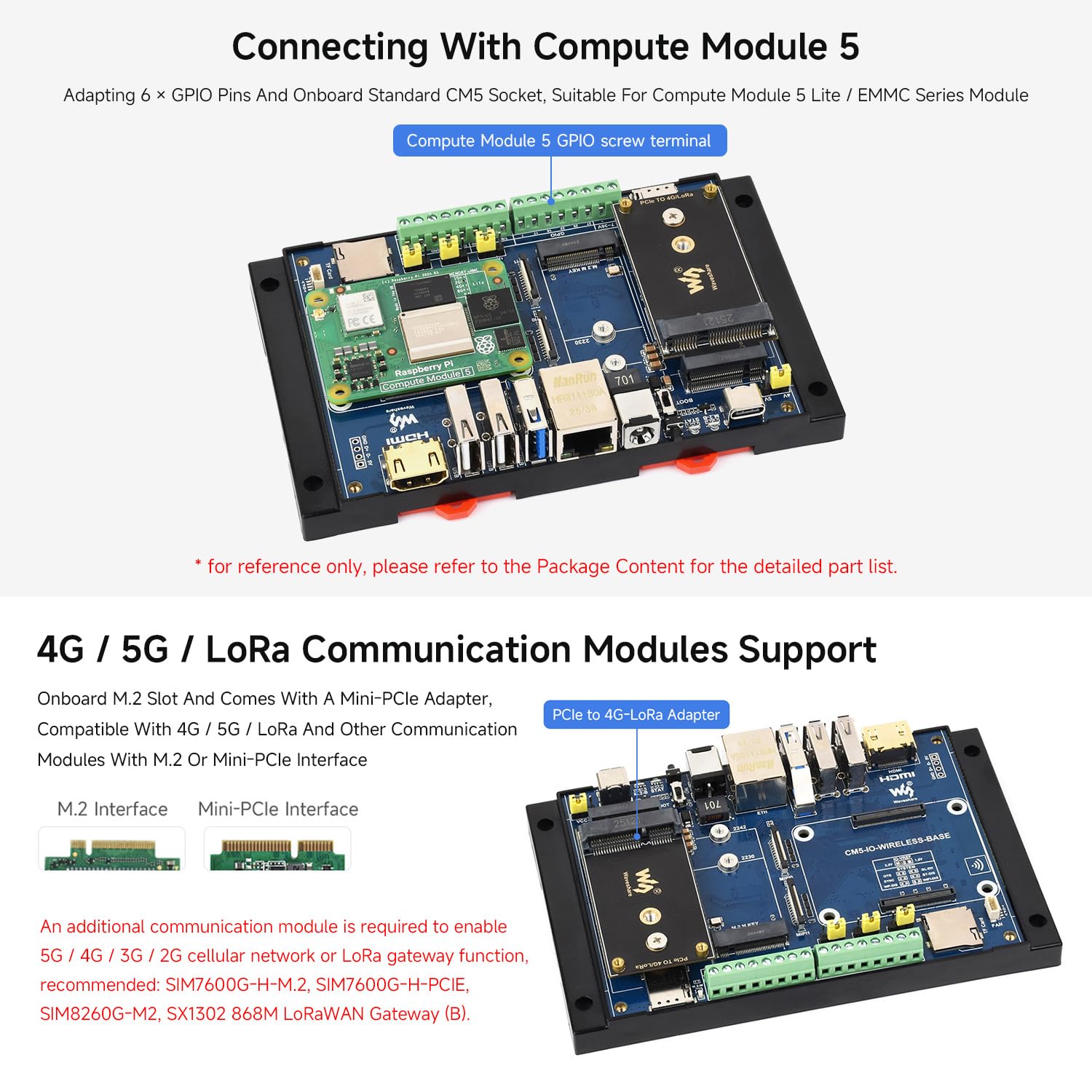 Waveshare Industrial IoT Wireless Expansion Board For Raspberry Pi CM5, 4G / 5G / Lora Expansion Support, Gigabit Ethernet RJ45 Port, Dual MIPI Interfaces, Supports 4K Output
