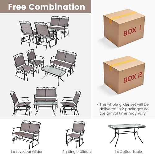 Miniatura 5 de Tangkula Juego de 4 planeadores de patio, sofá biplaza deslizante para exteriores con mesa de café de vidrio templado, juego de muebles de patio