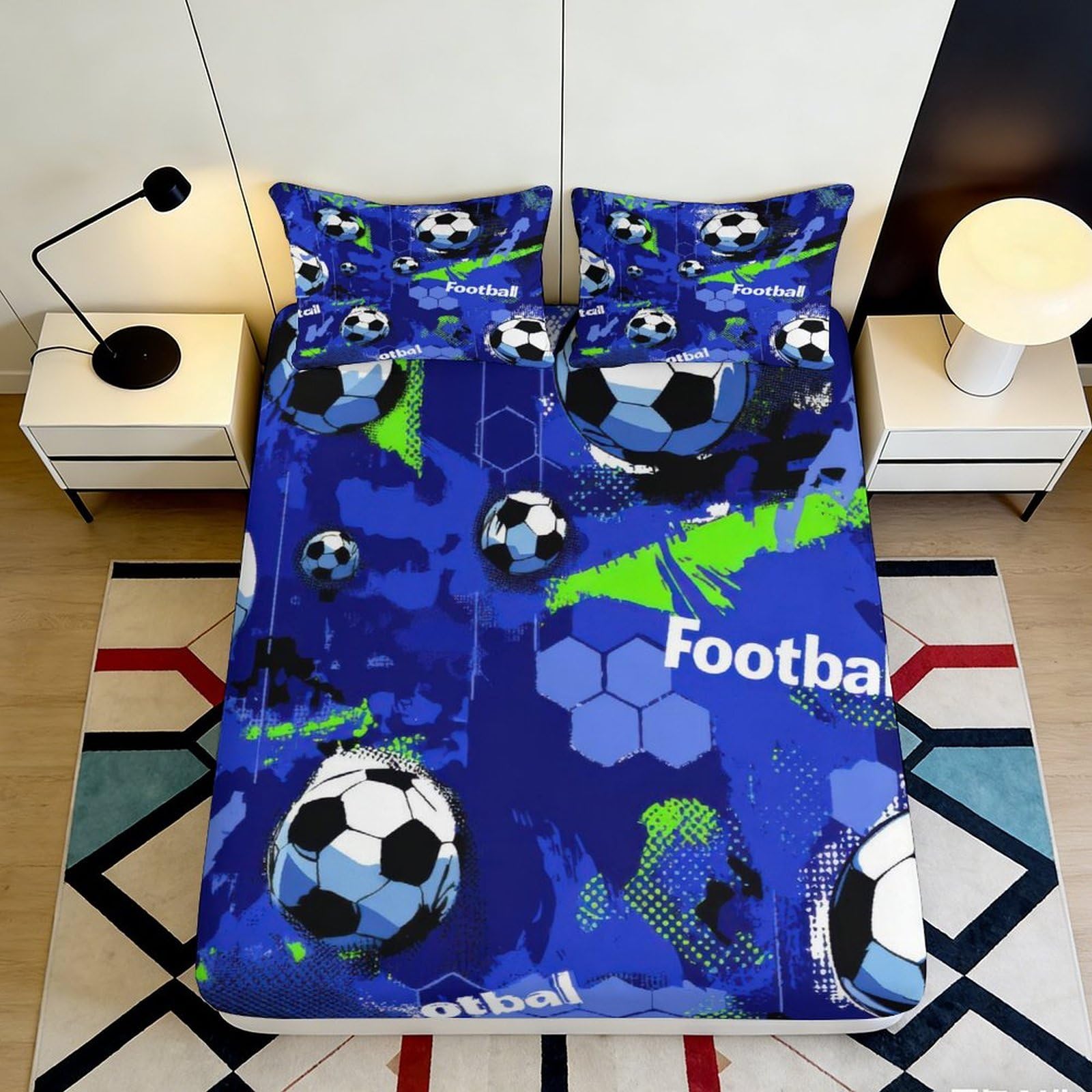 3D Printed Football Theme Fitted Sheet Microfiber Blue Soccer Pattern Bed Cover for Bedroom Guest Room Easy Care 90x200x25cm