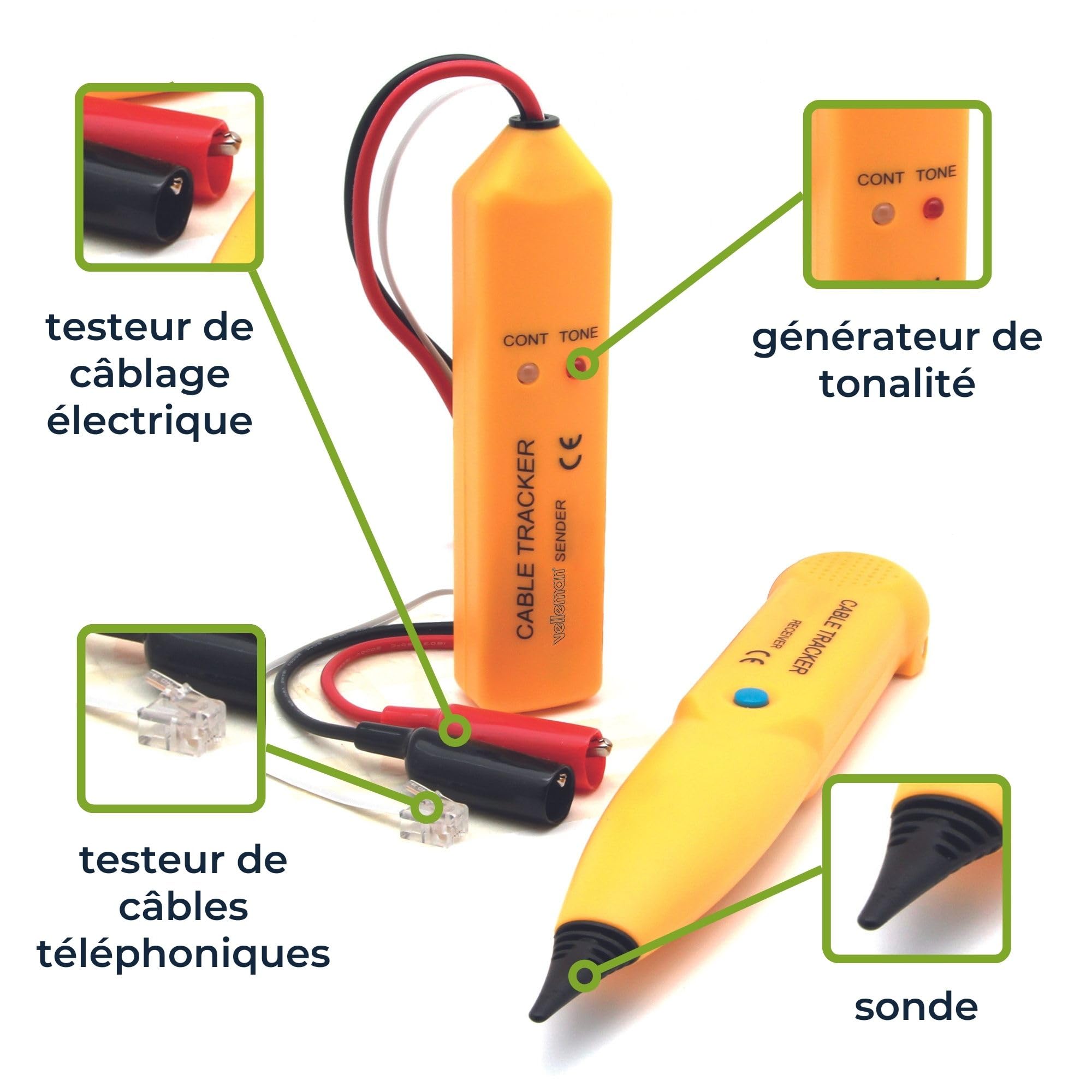 Velleman traceur de câbles avec générateur de tonalité, détecteur de rupture pour câbles périmétriques de tondeuses robotisées, câbles réseau, téléphoniques et électriques, testeur RJ11, RJ12, RJ45
