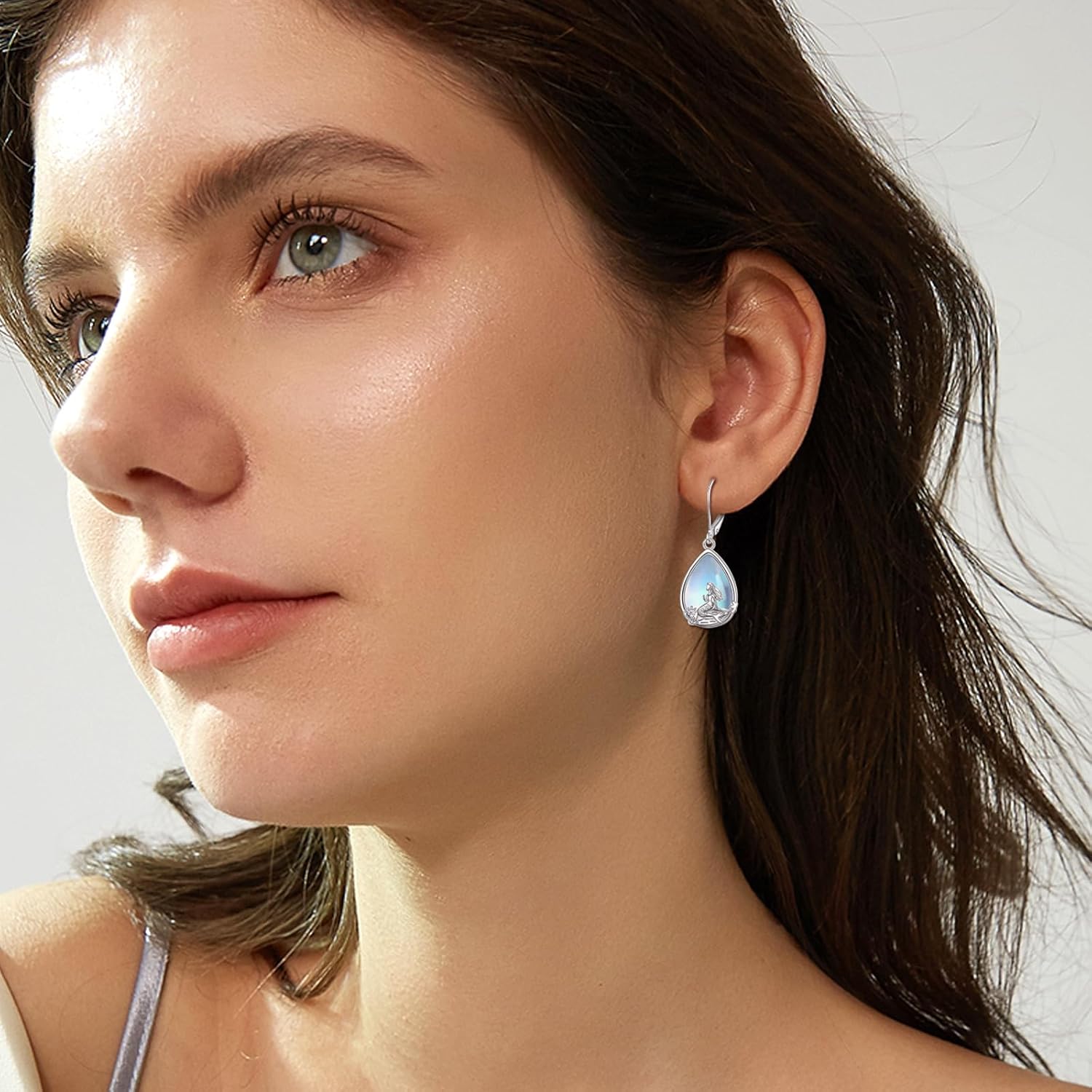 Mermaid/Bunny/Swan/Peacock Moonstone Earrings 925 Sterling Silver Teardrop Dangle Hypoallergenic Leverback Earring for Women Mother Friends - Image 2