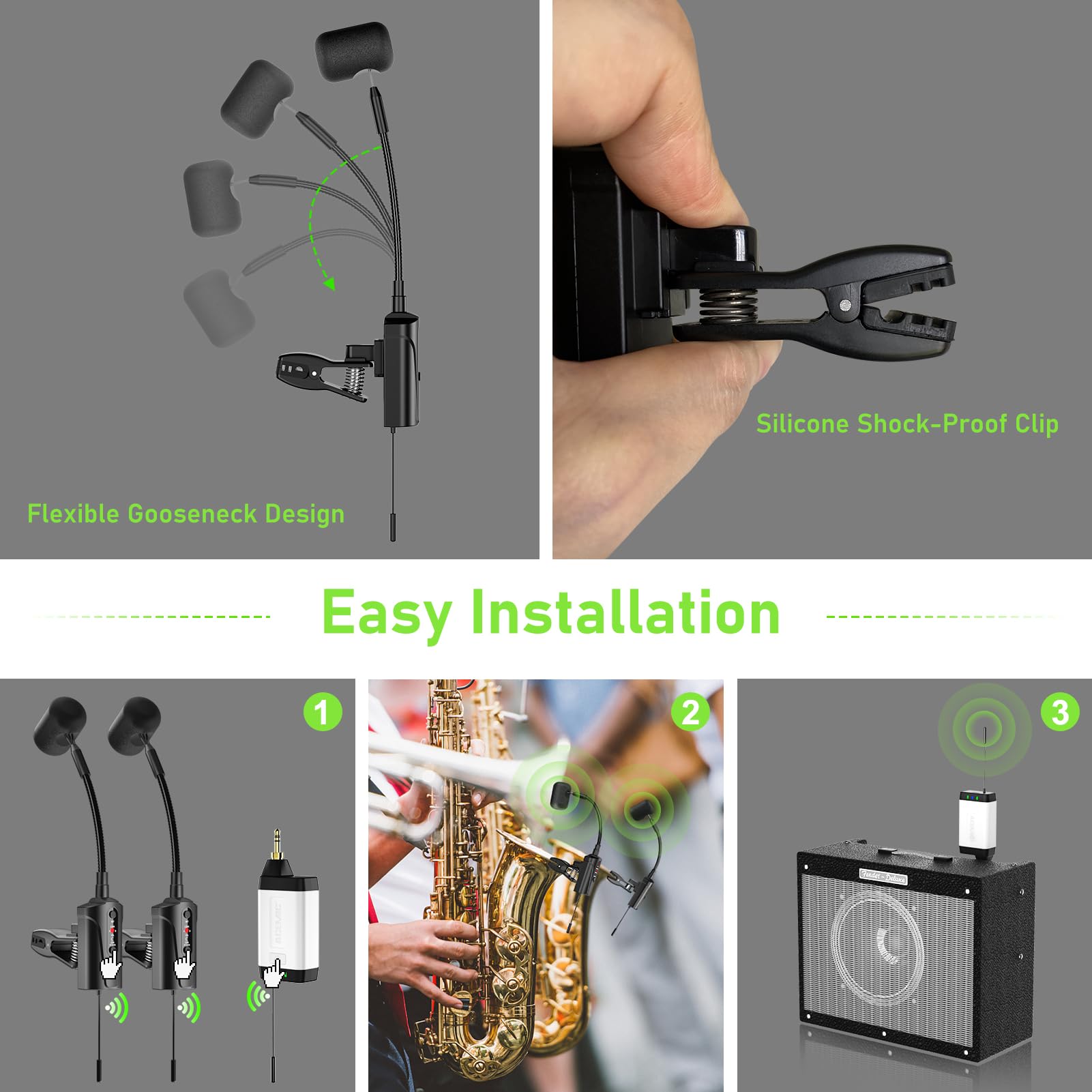 Doppio Microfono Wireless per Sassofono UHF per Strumento con Condensatore UHF, Microfono a Clip con 1 Ricevitore e 2 Trasmettitori, per Sassofono, Corno Francese, Tromba, Trombone, Q2/ST-5