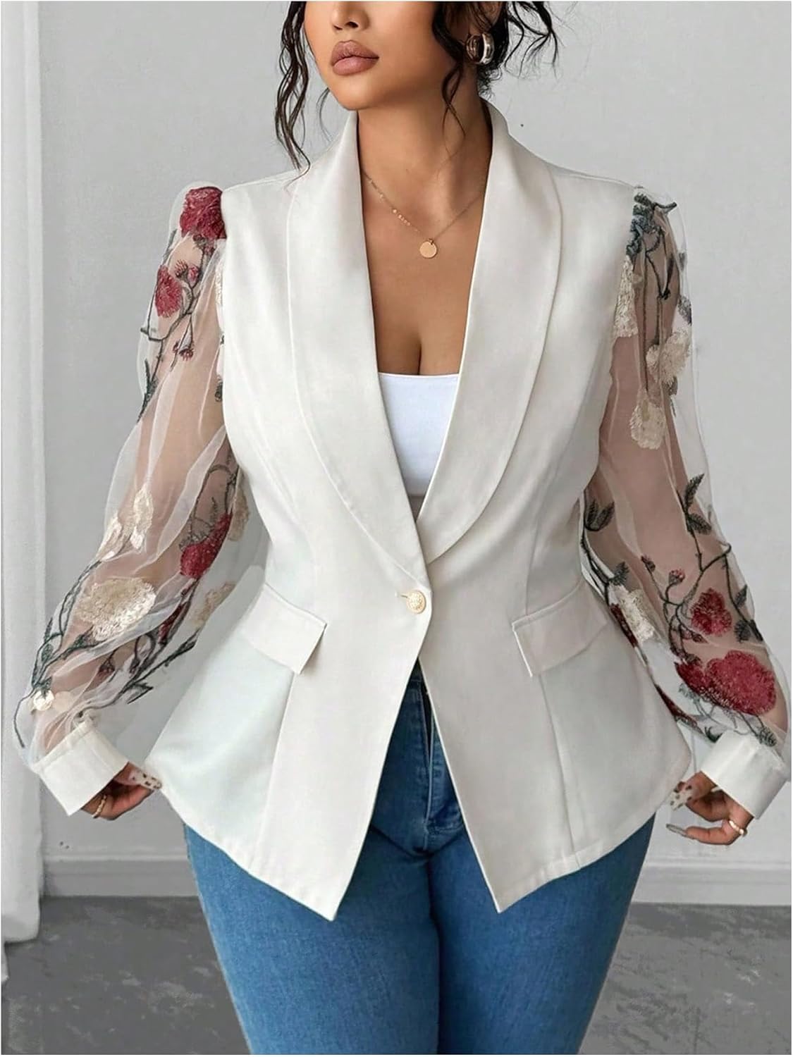 Floerns Women's Plus Size Floral Mesh Blazer Jacket Button Down Long Sleeve Business Casual Outfit