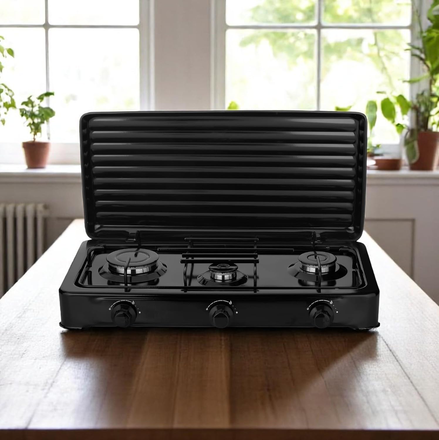 Cocina Hornillo de gas portatil para camping y exterior con 3 quemadores, 30 – 50 mbar, placa de gas con tapa protectora, manguera de presión para butano incluido.