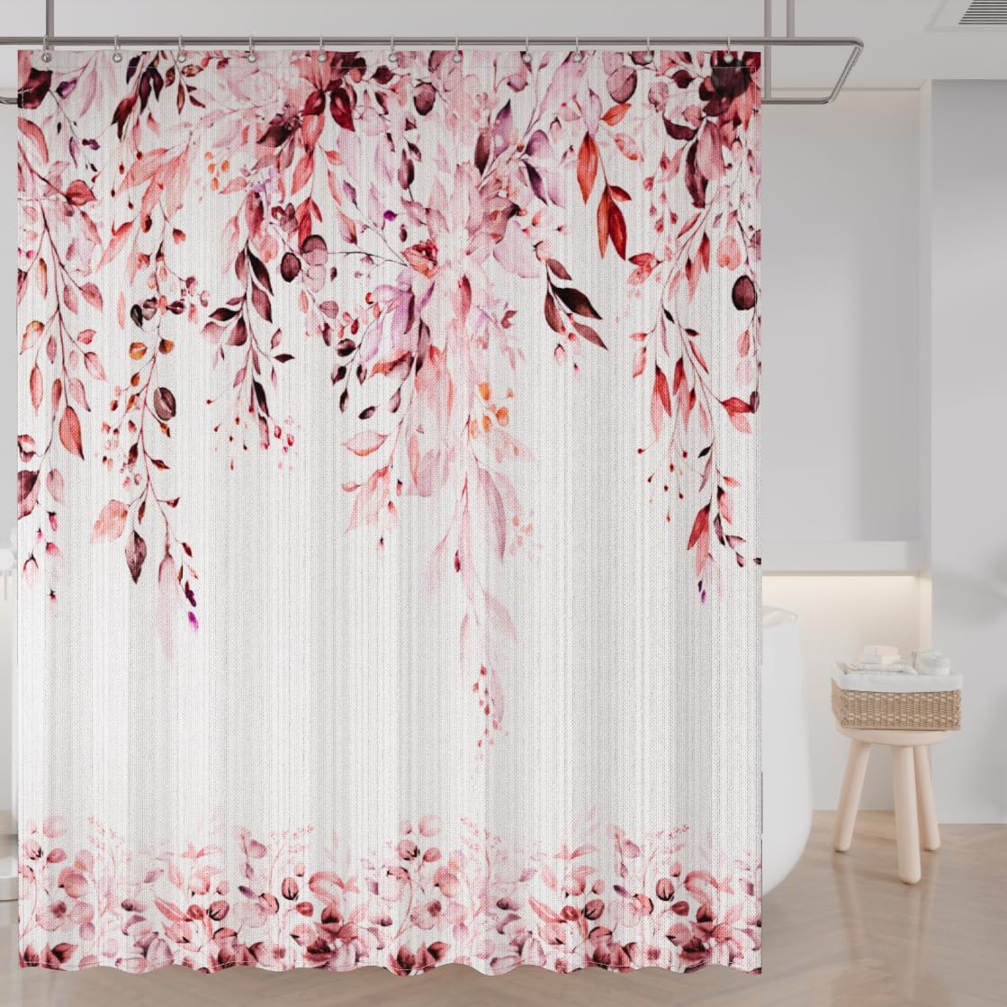 Pink Eucalyptus Leaves Shower Curtain for Bathroom:Aesthetic Art Watercolor Plant Shower Curtains Sets with Hooks,Waterproof Fabric Decor 72x72 inches.