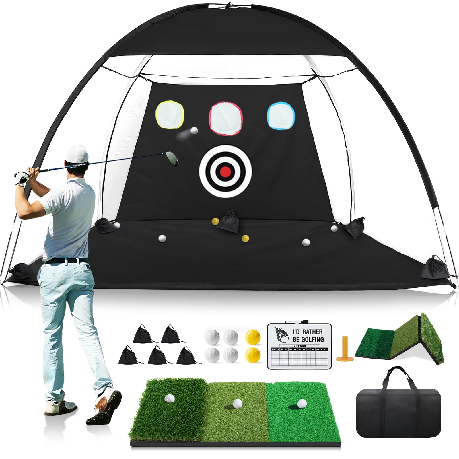 Golfnetz mit faltbarer Tri-Turf-Übungsmatte, 3 x 2,4 m, All-in-1-Golfschlaghilfe mit Anzeigetafel und Ziel, Chipp-Trainingsnetze für Hinterhoffahren, ideales Geschenk für Männer, Vater, Ehemann