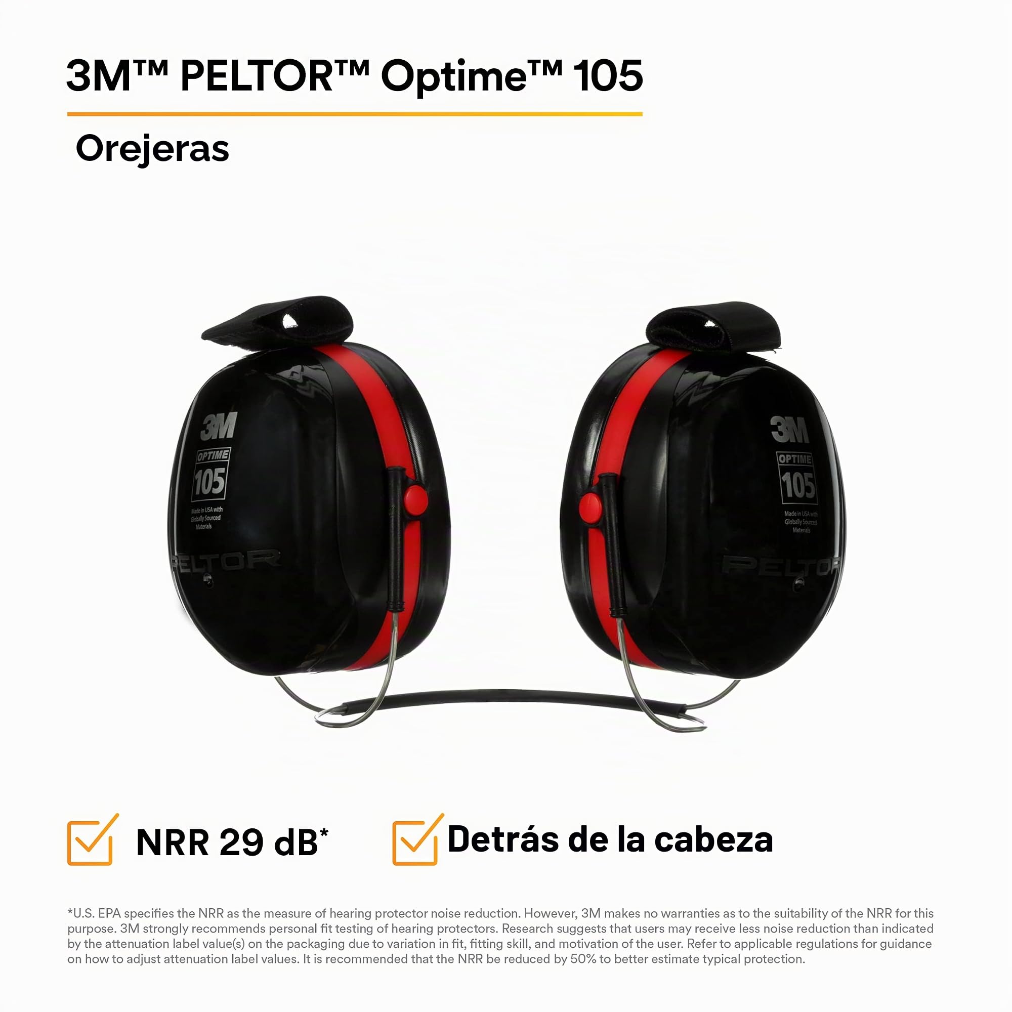 3M Peltor Optime 105 - Orejeras con banda para el cuello, protectores de oído, protección auditiva, NRR 29 dB