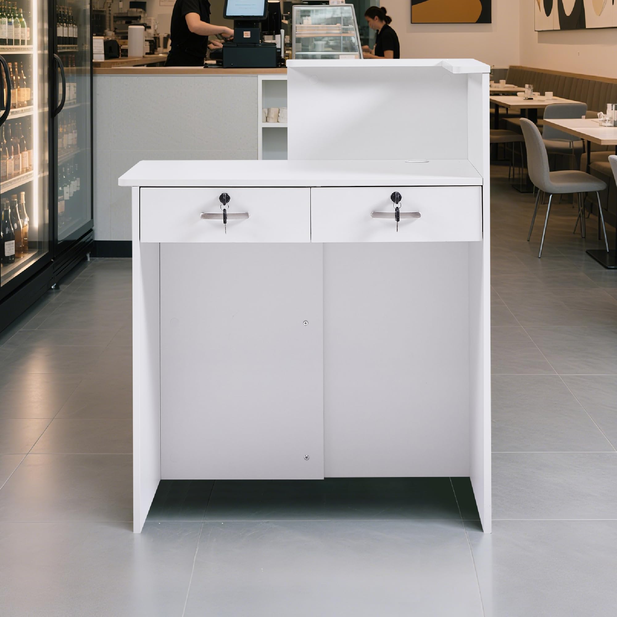 Mostrador de Recepción Moderno 80 cm, Mueble de Oficina de MDF con Cajón Cerradura y Estantes Abiertos, Escritorio de Recepción para Peluquería, Centro de Belleza, Tienda, Hotel y Oficina