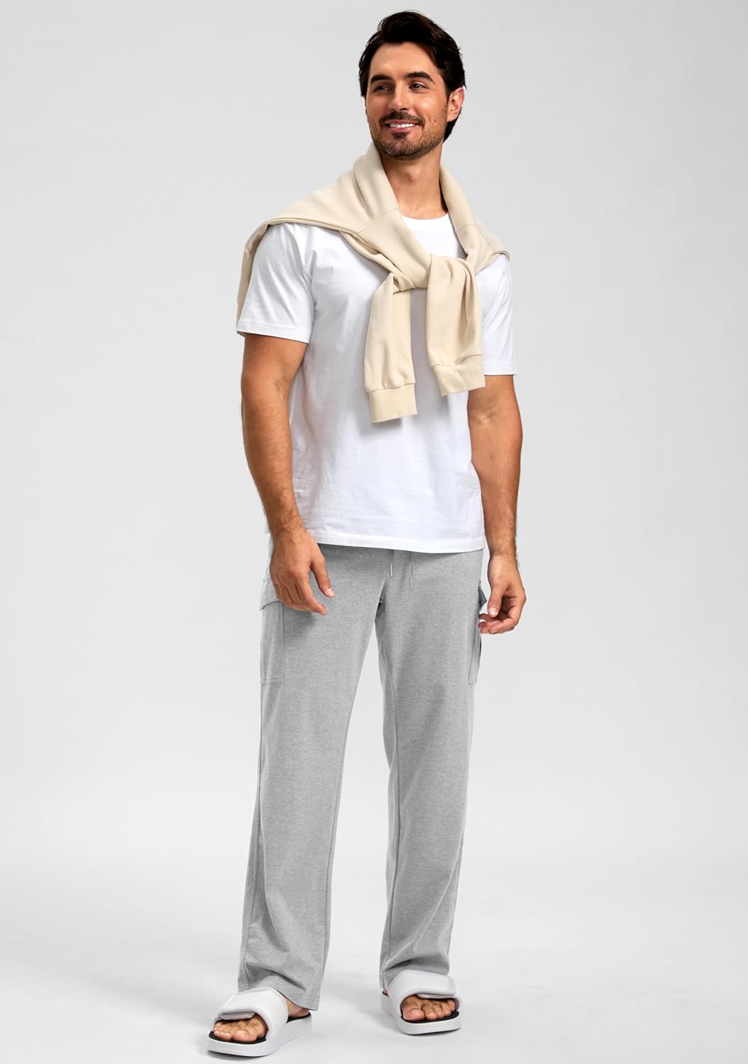 Pudolla Men's Cotton Sweatpants with Cargo Pockets Open Bottom Yoga Pants for Men Lounge Pants for Athletic Workout Casual