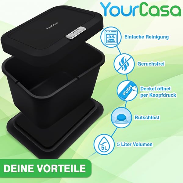 YourCasa® Biomülleimer Küche 5L - geruchsdichter Bio Mülleimer mit Deckel & Knopfdruck-Mechanismus - Komposteimer & Bioabfallbehälter klein für Biomüll (Schwarz) - 3