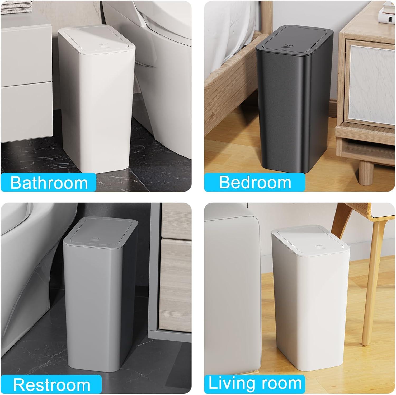 N. NETDOT 3 Pack 10L/2.6 Gal Bathroom Trash Can with Lid, Trash Bin with Press Lid, Small Trash Can/Slim Garbage Cans/Waste Basket for Bathroom,Kitchen,Office,Bedroom - Black,Gray,Off White