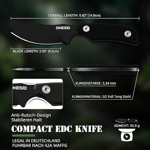 Miniatura 5 de Omesio Nessmuk - Cuchillo táctico pequeño de hoja fija de 5.82 pulgadas, cuchillo compacto de espiga completa EDC para cuello con funda y clip,