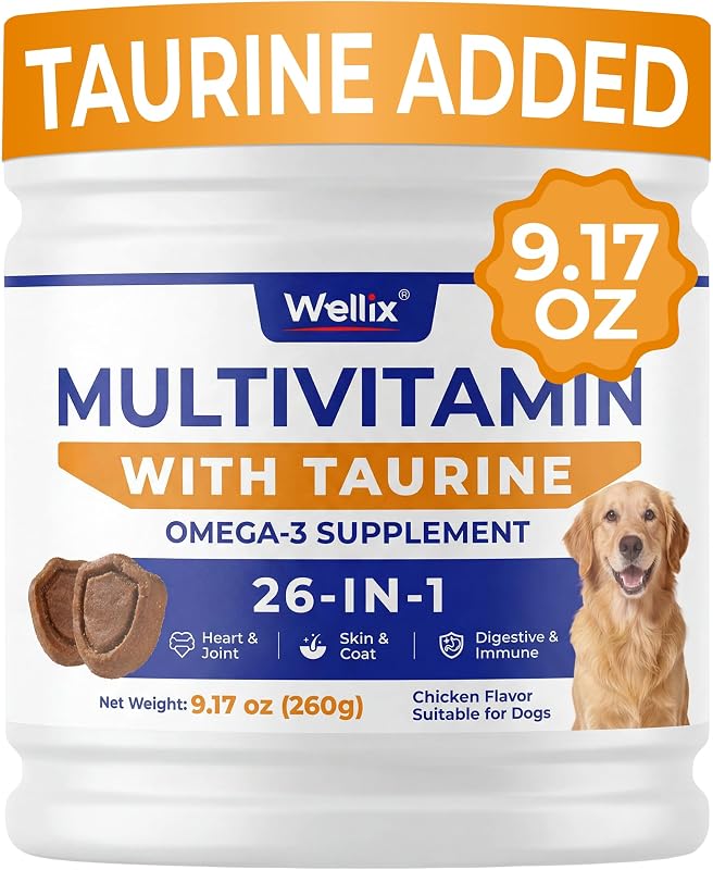 Suplemento multivitamínico mastigável para cães Wellix com taurina e 26 nutrientes, 340 g