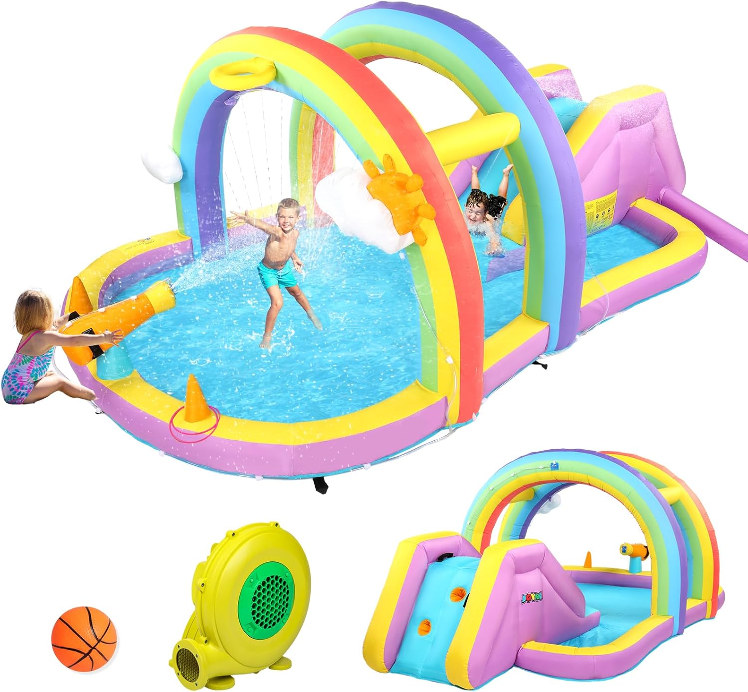 JOYMOR Inflatable Water Slide w/Climbing Wall, Water Cannon, Basketball Hoop, Kids Water Slide Bounce House w/Arch Sprinklers, 30s Blow Up Water Slide for Kids Backyard Party (Air Blower Included)