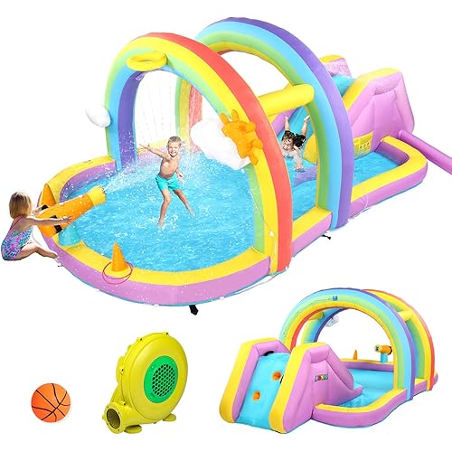 JOYMOR Inflatable Water Slide w/Climbing Wall, Water Cannon, Basketball Hoop, Kids Water Slide Bounce House w/Arch Sprinklers, 30s Blow Up Water Slide for Kids Backyard Party (Air Blower Included)