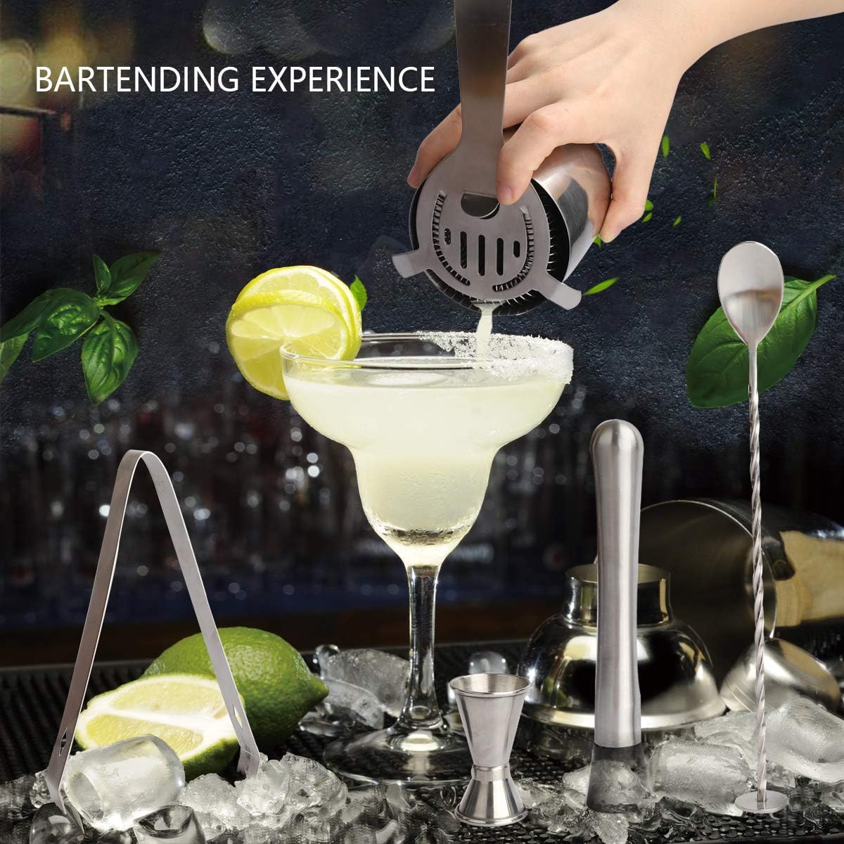Bar Set, WOHOME Cocktail Shaker Bar Tools with Stylish Bamboo Stand- Stainless Steel Bartender Kit Premium Bartendering Tool for Home/Bars/Traveling and Outdoor Parties