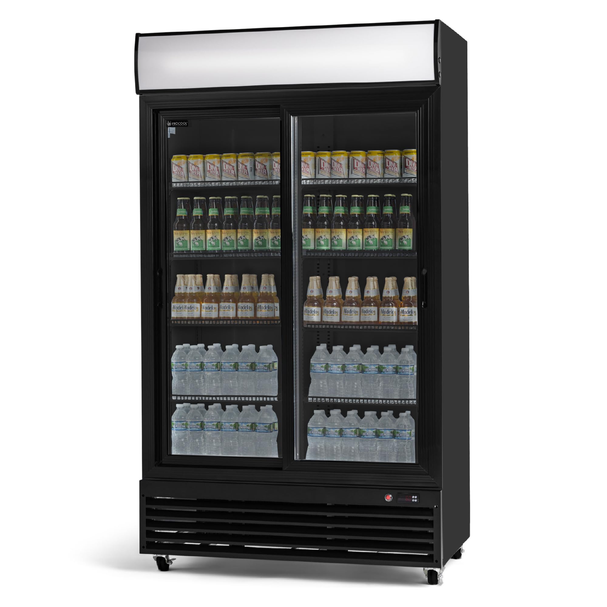 Procool Black Sliding 2-Door Display Fridge, 35.3 CuFt, Customizable Sign