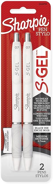 Stylos Gel Sharpie S-Gel, Pointe Moyenne (0.7 mm), Baril Blanc Perle, Stylos Gel Encre Noire, Paquet de 2