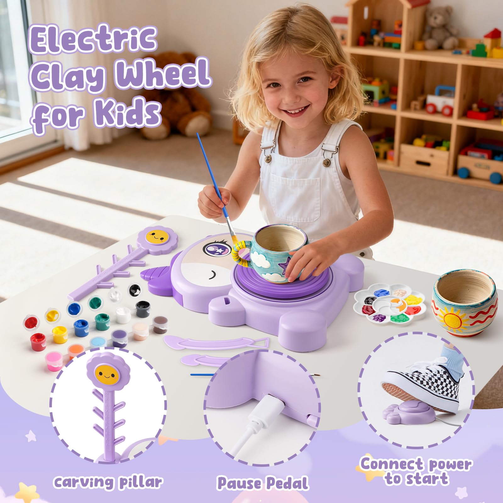 Torno de Alfarería para Niños-Kit Completo de Pintura y Manualidades con 2 Paquetes de Arcilla Autofraguante-Juguete Educativo de Arte para Niñas y Niños de 6 a 14 Años-Regalo Cumpleaños y Navidad